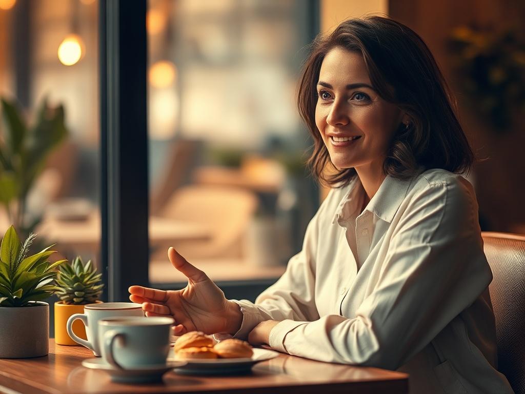 **AI Image Generation Prompt:**

Create a realistic, high-resolution photo featuring a compassionate woman sitting at a cozy, softly lit café table, exuding warmth and approachability. The scene captures her as she gently leans forward, engaging in a heartfelt conversation with an unseen male partner. Her expression is open and inviting, showcasing her genuine desire to connect and communicate the idea of a female-led relationship in a supportive manner.

The background should include soft, golden hues, wit