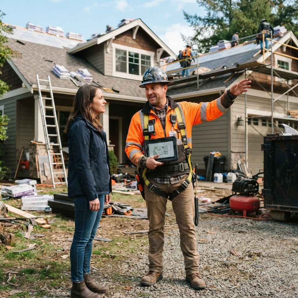 Homeowner getting roofing project quote from local professional
