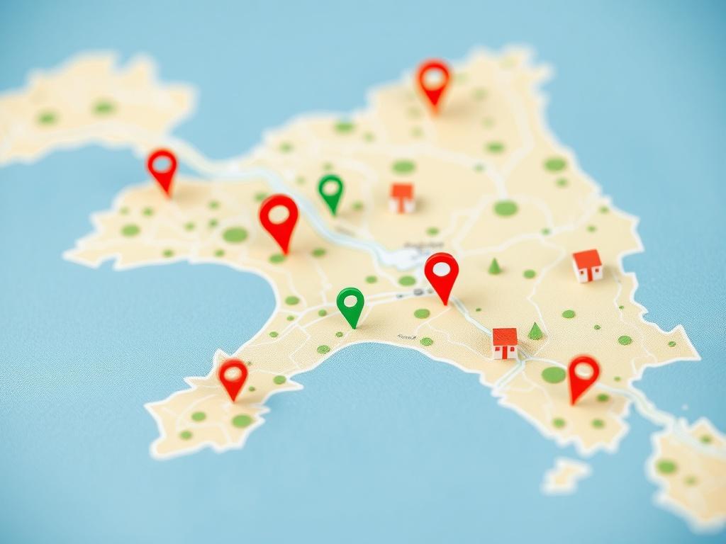 Imagen de un mapa de Mallorca con iconos de casas dispersos por diferentes zonas. Utilizar flechas rojas para indicar áreas donde la rentabilidad está bajando y flechas verdes para las zonas donde la rentabilidad está subiendo. El diseño debe ser claro y visualmente atractivo, sin textos. El enfoque debe estar en el mapa, mostrando claramente la distribución de las zonas inmobiliarias en Palma de Mallorca.