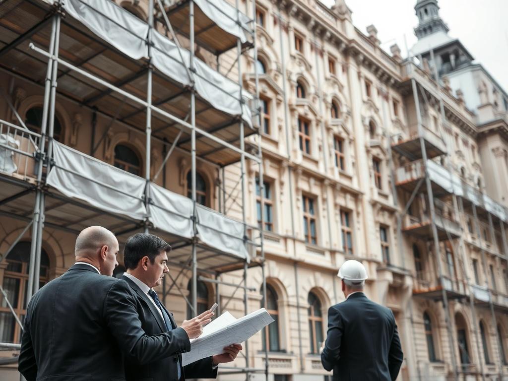 A high-resolution photo of a historical or modernist facade under elegant scaffolding. The scaffolding should be clean with white tarpaulin. In the foreground, there are architects dressed in formal suits, looking at blueprints, focused and engaged in their work. The composition should emphasize the intricate details of the facade, the elegance of the scaffolding, and the professionalism of the architects. The background should be subtly blurred to draw attention to the main subjects.