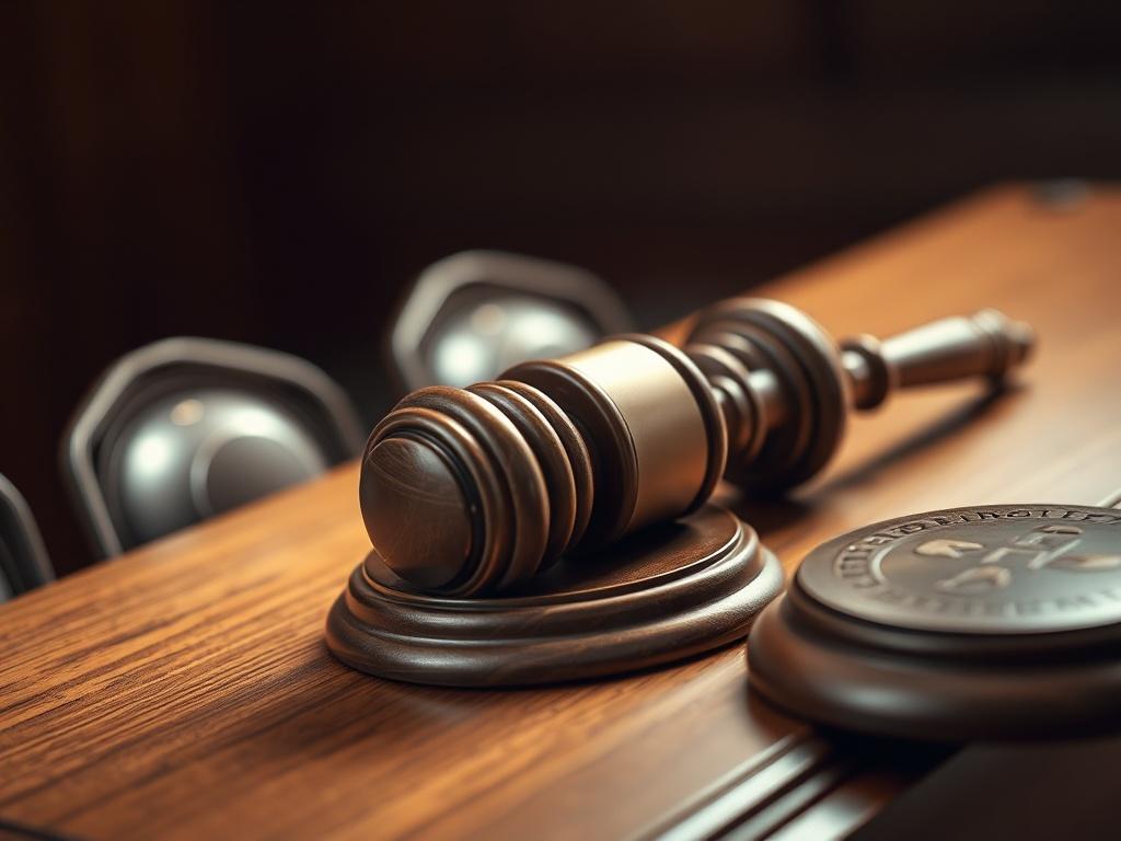 Un primer plano de una maza de juez de madera, elegantemente tallada y pulida, descansando sobre un escritorio de madera. La luz suave resalta los detalles de la textura de la madera y los reflejos, con un fondo desenfocado que sugiere un ambiente de sala de tribunal. El enfoque debe estar en la maza, mostrando su belleza y singularidad.