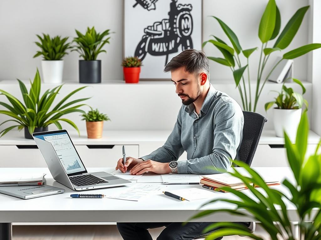 A high-resolution, photorealistic image of a content strategist working at a sleek, modern desk, surrounded by notes and a laptop displaying analytics. The background should feature vibrant green plants and minimalistic décor, conveying a sense of creativity and focus. The overall color scheme should be bold and vibrant, emphasizing the primary color rgb(50, 170, 39), with clean lines and essential elements.