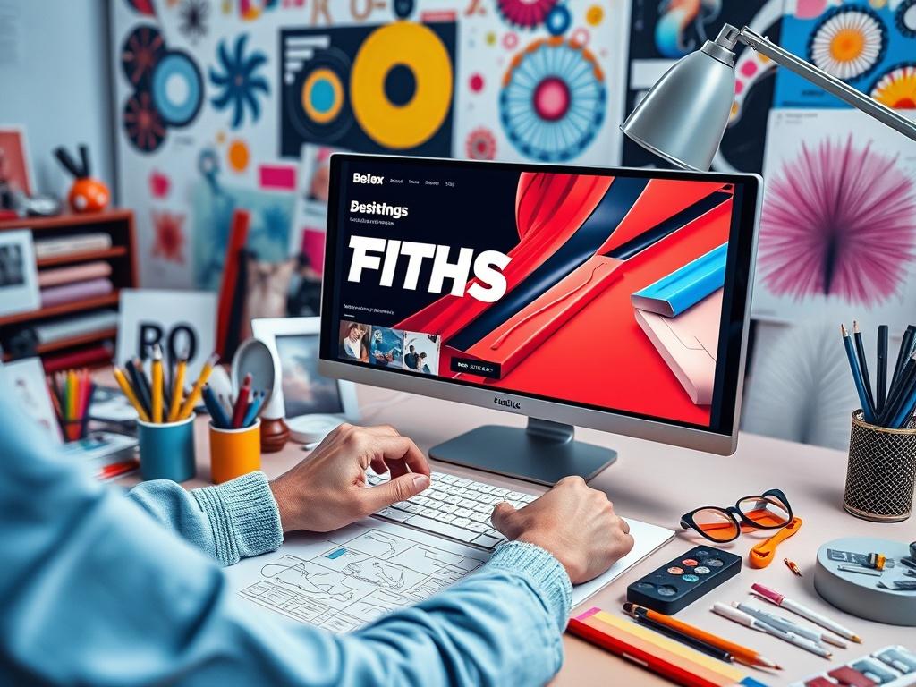 A vibrant and colorful design workspace featuring a designer at