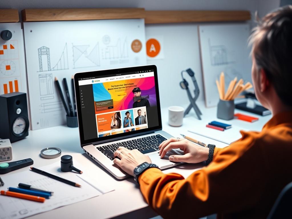 A modern workspace with a designer working on a laptop,