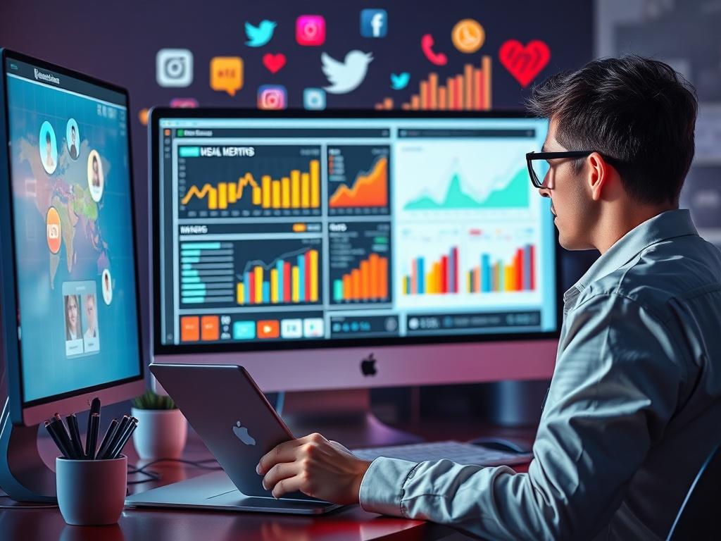 A social media expert analyzing metrics on a computer screen,