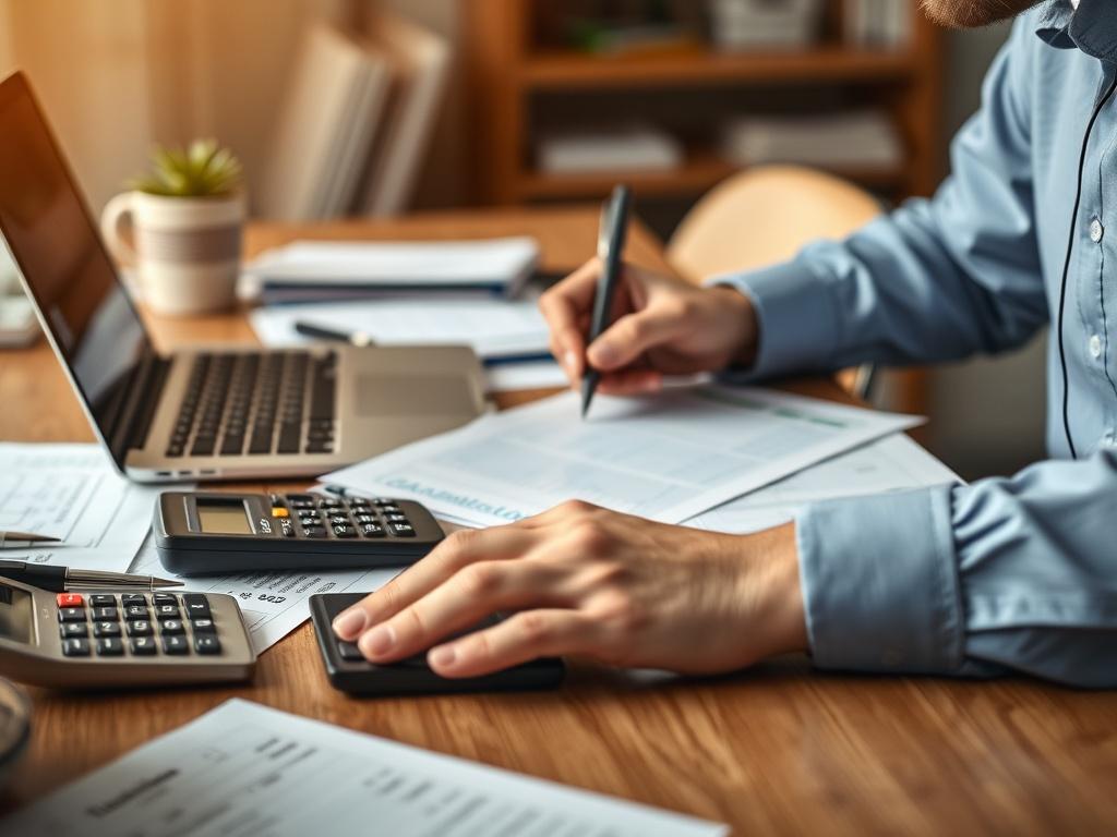 A close-up shot of a tax professional working diligently at a desk, surrounded by tax forms, calculators, and a laptop. The focus is on the professional's hands as they write notes and input data, conveying a sense of precision and expertise. The background is slightly blurred to emphasize the subject, with warm lighting creating a welcoming atmosphere. The color scheme aligns with the primary color rgb(205, 48, 52).