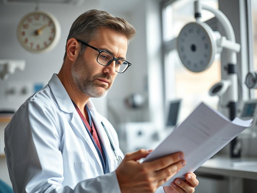 A healthcare professional reviewing documents in a clinic environment, surrounded