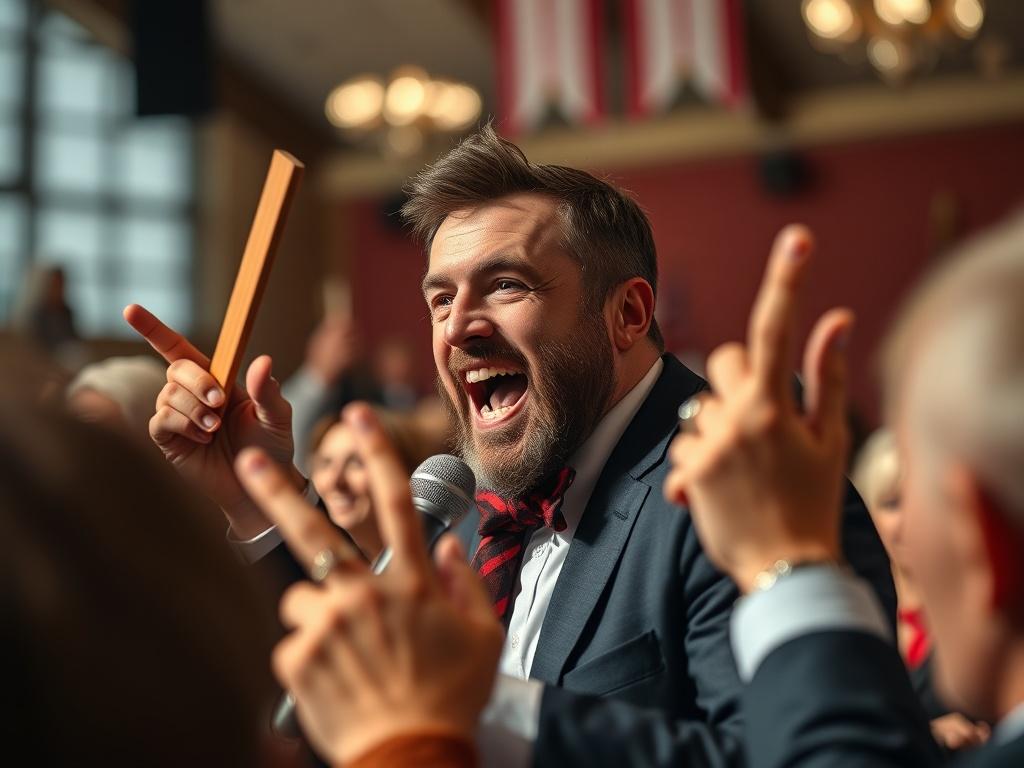 An auctioneer energetically engaging with an audience at an auction