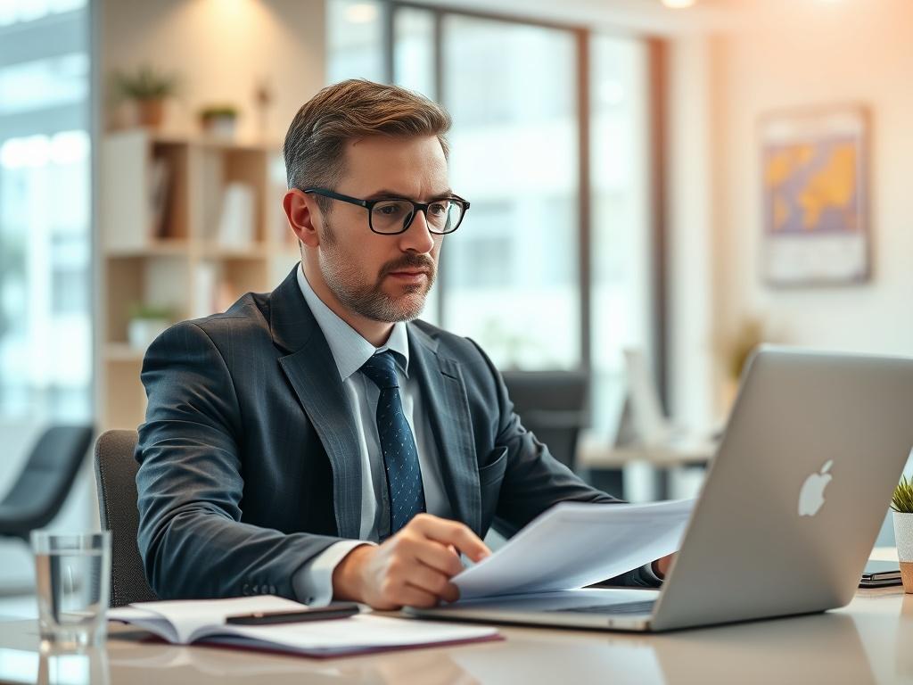 A professional consultant sitting at a desk, analyzing financial documents