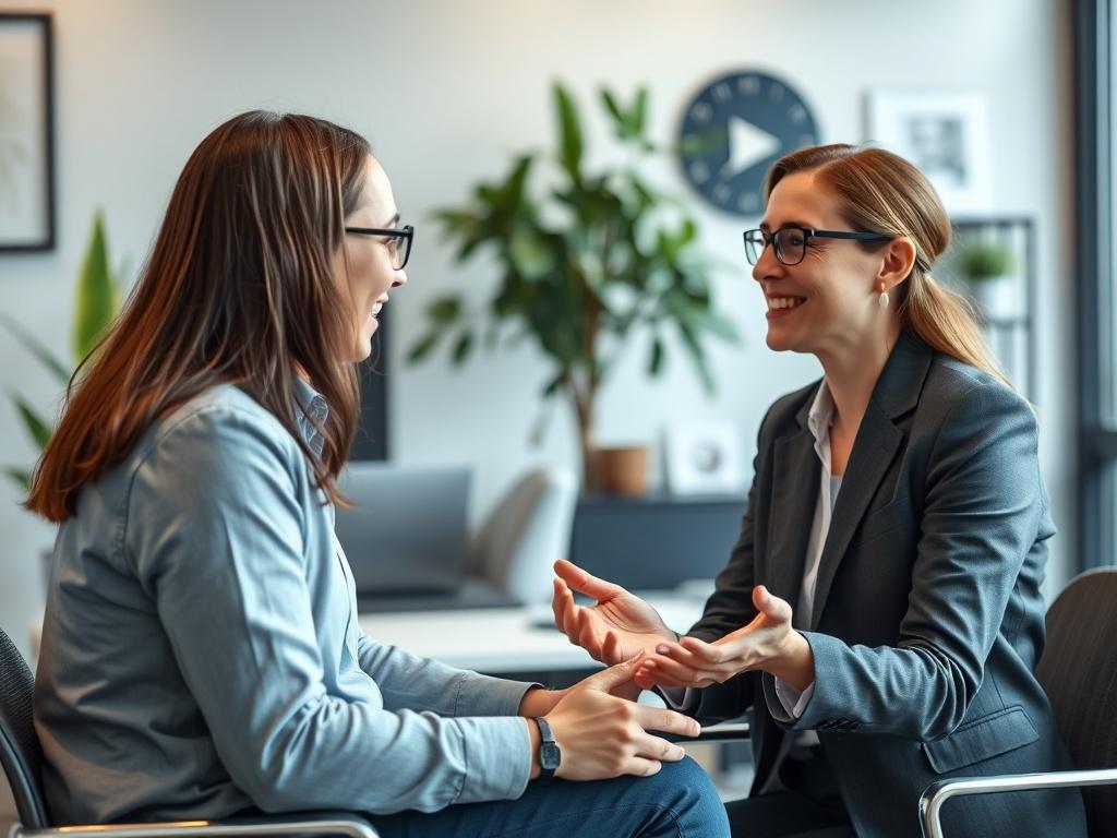 A recruiter interviewing a candidate in a modern office setting,