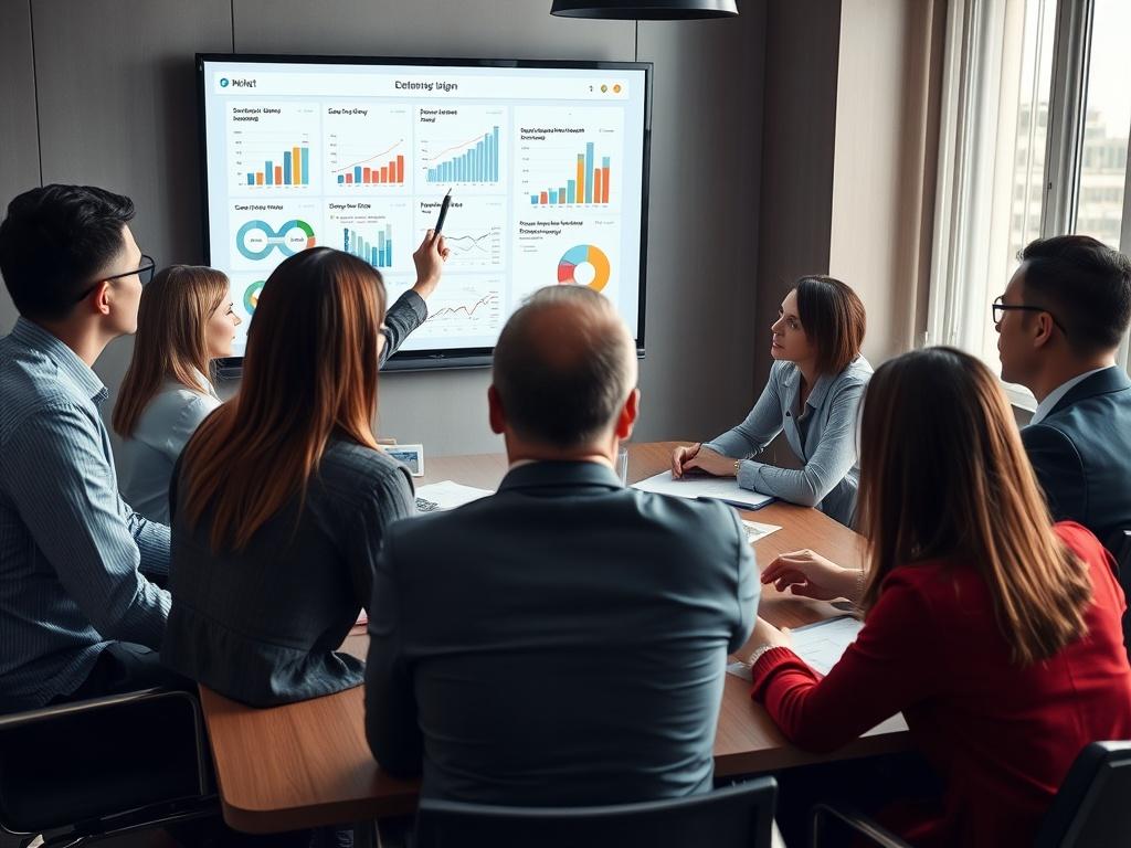 A group of business professionals brainstorming around a conference table,