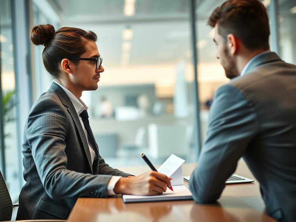 A professional meeting setting with two individuals sitting at a