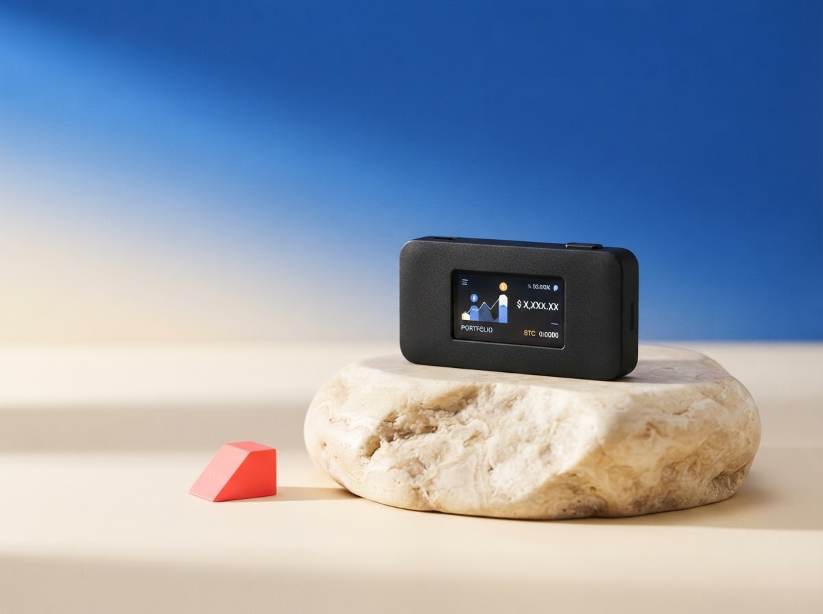 A Trezor-style hardware wallet displayed in a modern studio setting
