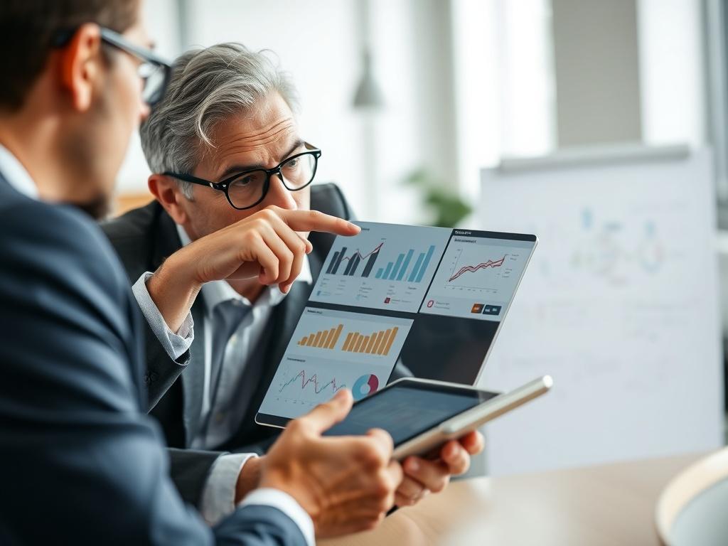 A hyper-realistic close-up shot of a business consultant engaged in a strategic discussion with a client. The consultant is pointing at a digital tablet displaying growth charts and value stream diagrams. The setting is a modern office with soft natural lighting, emphasizing the consultant's focused expression. The background is subtly blurred to keep the focus on the consultant and the tablet. Ensure the color scheme aligns with the rgb(122, 86, 4) primary color.