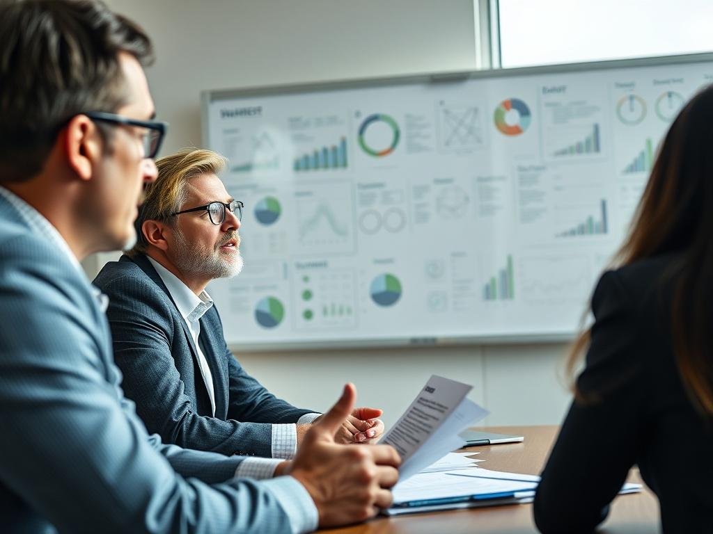 A close-up shot of a business professional discussing strategies in a meeting room, with a whiteboard filled with notes and diagrams in the background. The setting should reflect a dynamic and focused atmosphere, with natural light highlighting the scene. The image should be shot with a 45mm f/1.2 lens.