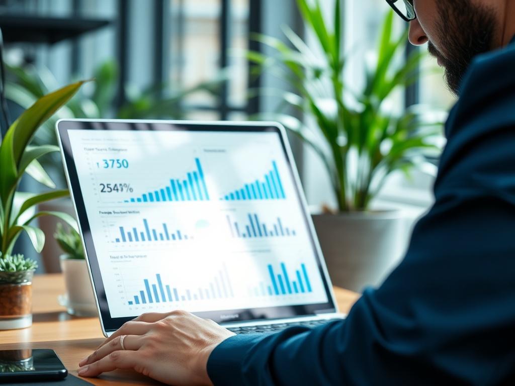 A close-up shot of a business consultant analyzing data on a laptop, with graphs and charts on the screen. The background features a modern office setting, adorned with plants and natural light streaming through a window. The image should capture the essence of professionalism and focus, shot with a 45mm f/1.2 lens.