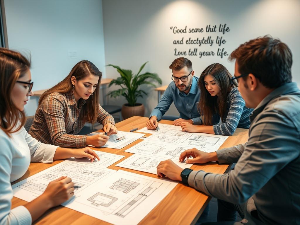 A close-up shot of a team collaborating around a table, with sketches and diagrams of product models spread out. The background is a contemporary workspace, with soft lighting and a motivational quote on the wall. The image should evoke a sense of teamwork and creativity, shot with a 45mm f/1.2 lens.