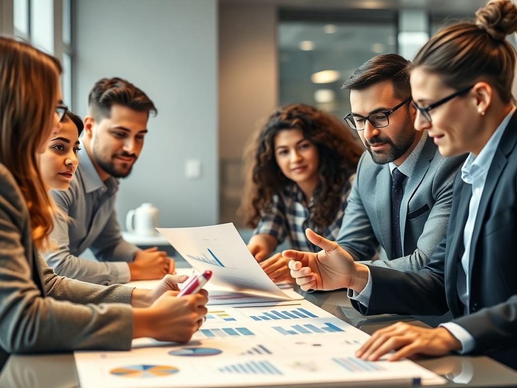 A close-up shot of a business team engaged in a strategic planning session, showcasing diverse professionals collaborating around a table with charts and graphs. The background features a modern office environment with soft lighting, emphasizing a dynamic workspace. Shot with a 45mm f/1.2 lens, the focus is on the engaged expressions of the team members, conveying collaboration and innovation.