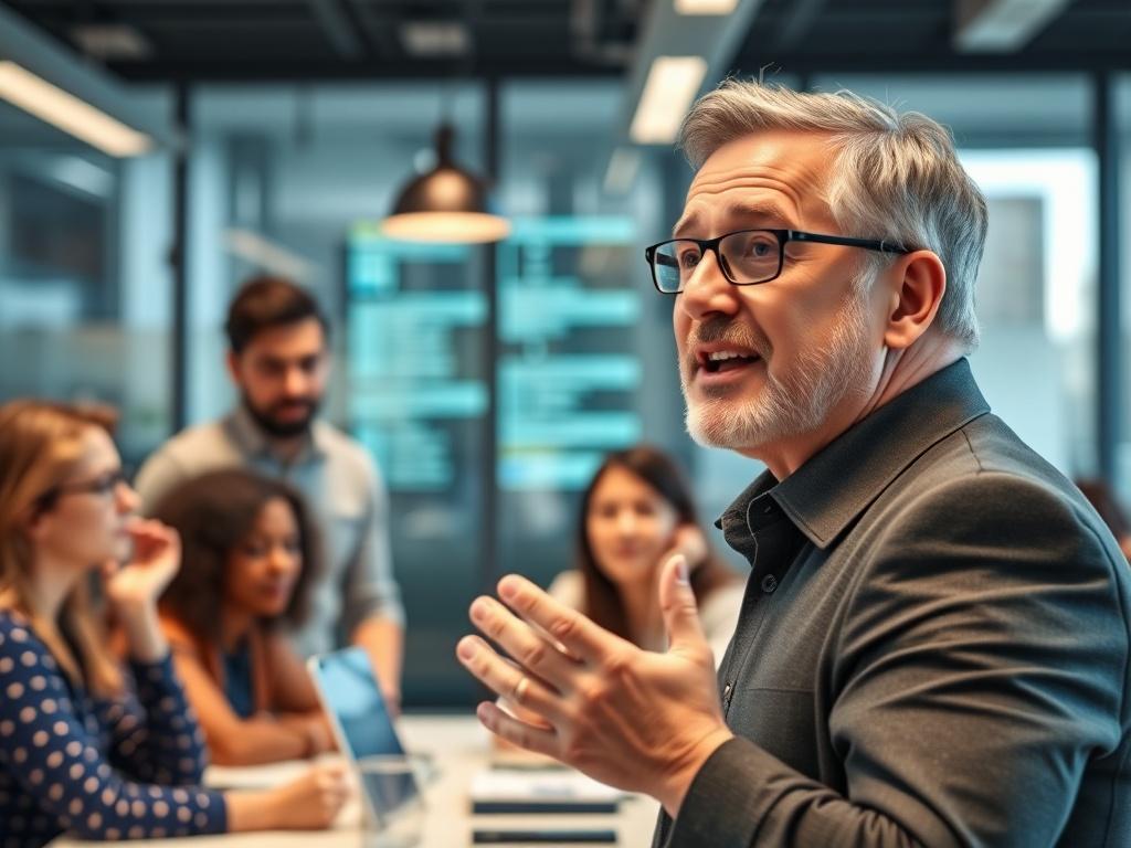 A close-up shot of an inspiring leader addressing a diverse team in a modern office space, illustrating a collaborative and innovative environment. The background features a blend of technology and human interaction, showcasing the integration of AI in leadership. Shot with a 45mm f/1.2 lens to focus on the leader’s motivating expression and engaged team.