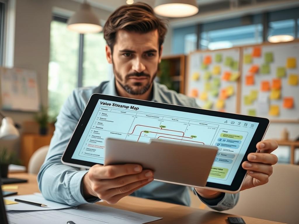 A close-up shot depicting a professional analyzing a value stream map on a digital tablet, surrounded by post-it notes and brainstorming materials. The background features a bright office setting with collaborative tools. Captured with a 45mm f/1.2 lens to emphasize the focused expression of the individual, highlighting the importance of process analysis.