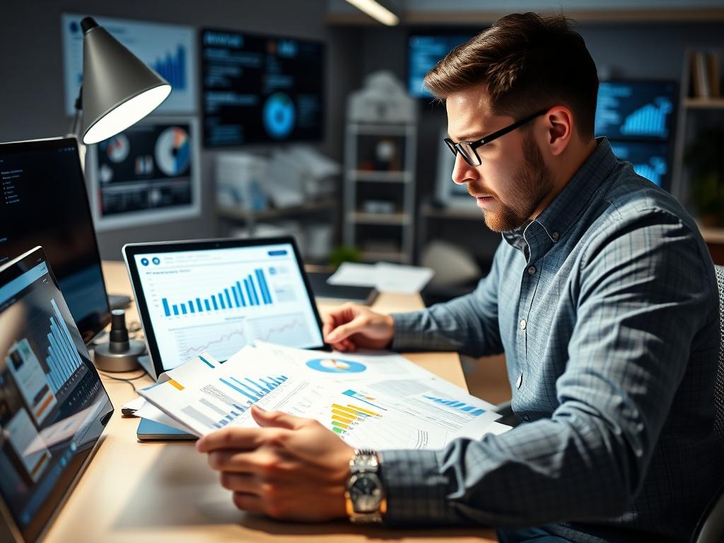 A detailed shot of a product manager analyzing documents and charts on a desk, surrounded by digital devices showcasing product operating models. The setting is bright and contemporary, emphasizing a workspace filled with innovative tools. The focus should be on the manager's engaged expression and the well-organized workspace.