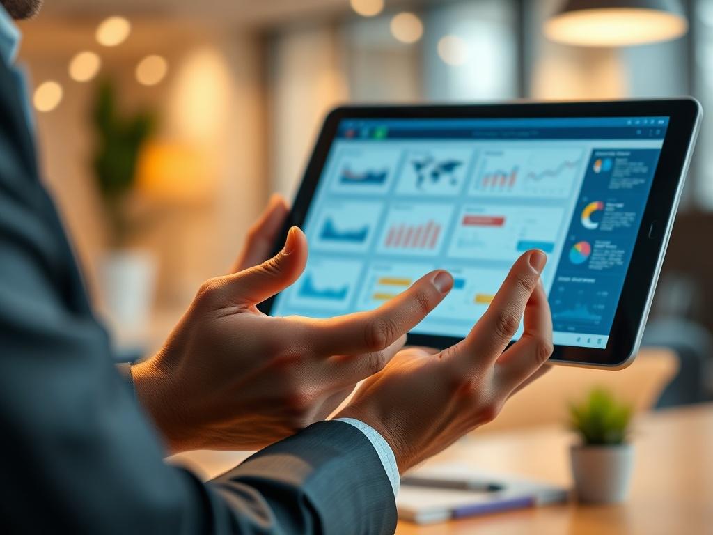 A close-up shot of a business consultant discussing Value Stream Management with a client in a modern office setting. The focus is on the consultant's hands gesturing towards a digital tablet displaying graphs and flow charts. The background is a softly blurred office environment with warm lighting, creating a professional yet inviting atmosphere.