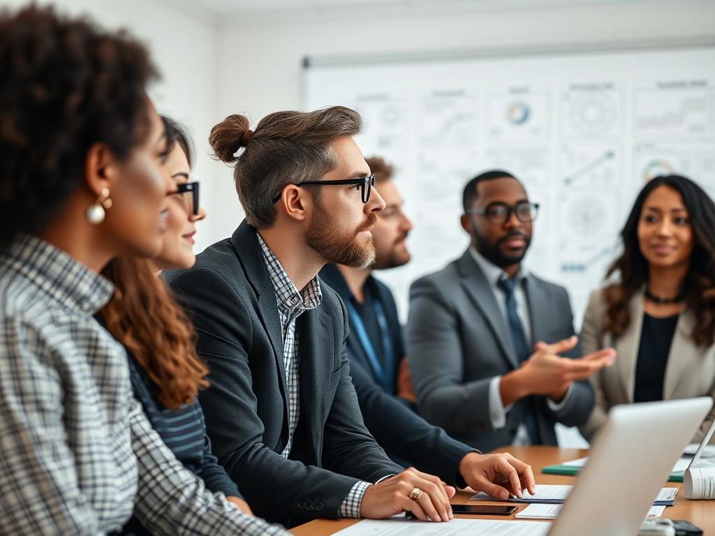 A close-up of a business strategist presenting a value delivery model to a diverse team in a bright conference room. The image should capture the team's attentive expressions and the strategist's confident demeanor. The background should include a whiteboard filled with diagrams and notes, enhancing the collaborative atmosphere.