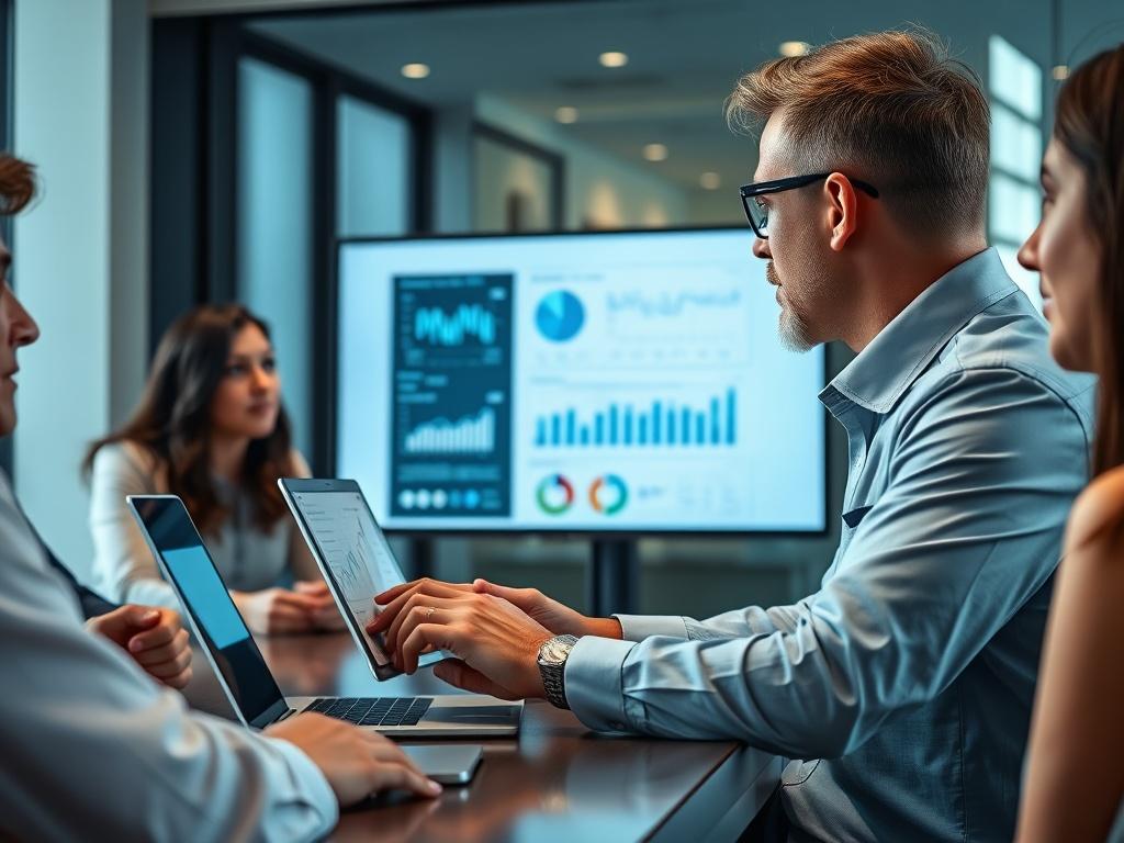 A close-up shot of a financial analyst presenting a portfolio dashboard on a laptop to a group of executives. The setting is professional, with charts and graphs displayed on the screen. The background includes a modern conference room ambiance. Shot with a 45mm f/1.2 lens.