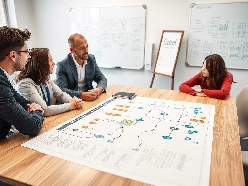 A close-up shot of a value stream map displayed on a table, with a consultant and team members engaged in discussion. The setting is bright and modern, with a whiteboard in the background filled with notes and diagrams. The composition emphasizes teamwork and collaboration. Shot with a 45mm f/1.2 lens.