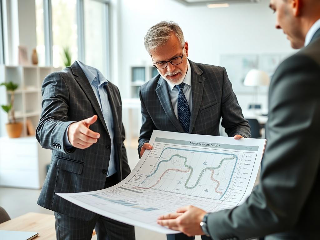 A close-up shot of a business consultant discussing a roadmap with a client in a modern office setting. The consultant is pointing at a detailed roadmap printed on a large sheet. The background features a well-organized workspace with soft lighting, emphasizing a collaborative atmosphere. Shot with a 45mm f/1.2 lens.