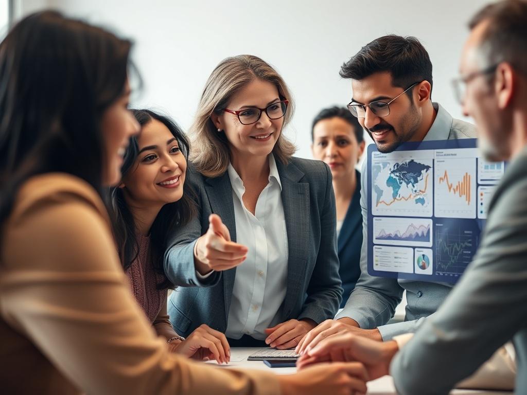 A hyper-realistic close-up shot of a diverse group of business professionals engaged in a dynamic brainstorming session. The focus is on a middle-aged woman pointing at a digital screen displaying complex charts and models, symbolizing AI-powered market sensing and scenario modeling. The background should be a modern office environment with soft lighting and minimal distractions, highlighting the collaboration and innovation. The color palette should incorporate shades of rgb(122, 86, 4) to align with the b