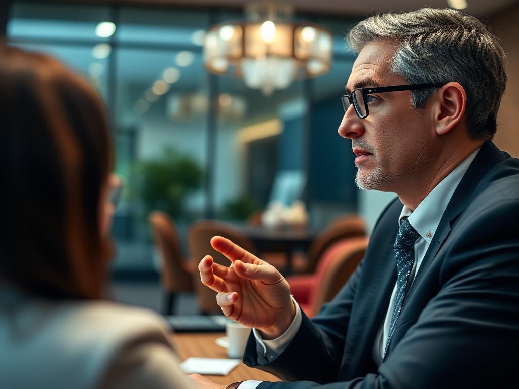 A hyper-realistic close-up shot of a business consultant engaged in a discussion with a client, showcasing a thoughtful expression. The background is an elegant office space with soft lighting, emphasizing professionalism. The consultant is dressed in smart business attire, and the scene captures the essence of collaboration and strategic thinking. The color palette aligns with rgb(122, 86, 4), creating a warm and inviting atmosphere.