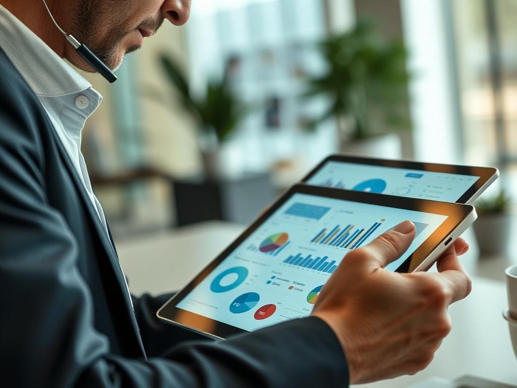 A close-up shot of a business consultant analyzing charts and graphs on a digital tablet, showcasing metrics and data related to business value and outcomes. The background is a modern office environment with a sleek desk and a soft focus on office decor. The image should convey professionalism and insight, shot with a 45mm f/1.2 lens style.