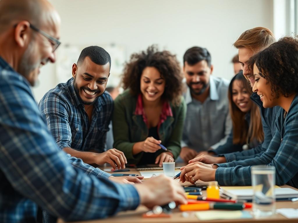 A close-up shot of diverse participants engaged in a hands-on workshop led by Keith, collaborating at a table filled with materials and tools. The atmosphere is vibrant, with individuals actively discussing and brainstorming. The background is softly blurred to keep focus on the participants' expressions of enthusiasm and collaboration. The lighting is bright and energizing, reflecting the dynamic nature of the workshop.