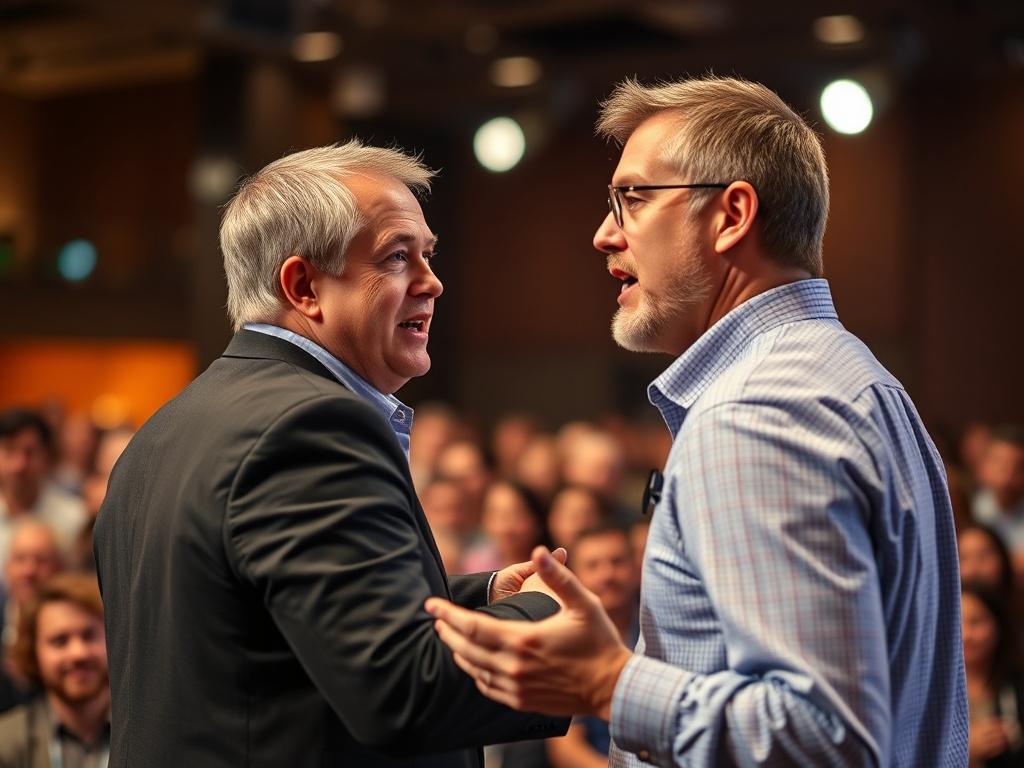 A close-up shot of a charismatic speaker, Keith, delivering a keynote speech on stage, engaging a captivated audience. The background should be blurred to emphasize Keith's expressive gestures and enthusiasm. The lighting is warm and inviting, highlighting the connection between him and the audience. The scene captures a dynamic moment, showcasing the energy and engagement in the room.