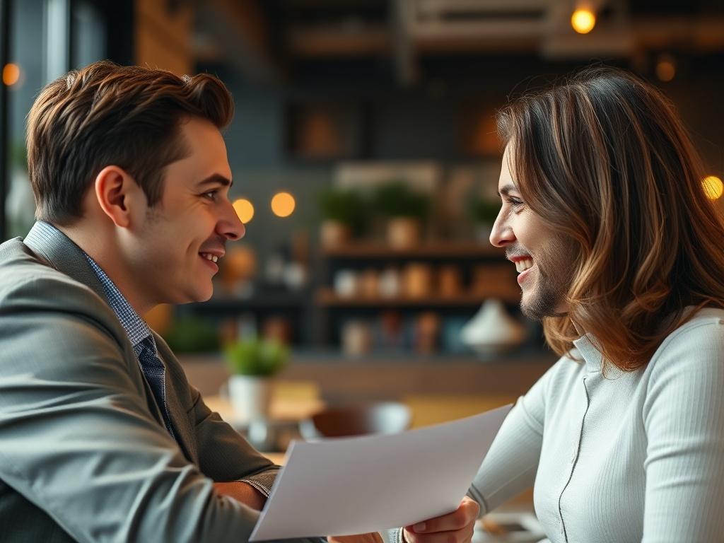 A close-up shot of a professional event planner discussing booking details with Keith, showcasing an engaging conversation. The setting is a modern office or café, with a warm ambiance. The background features soft lighting and a welcoming atmosphere, emphasizing the collaboration and enthusiasm for planning a successful event. The focus is on the interaction, capturing the excitement of bringing Keith's expertise to an upcoming event.