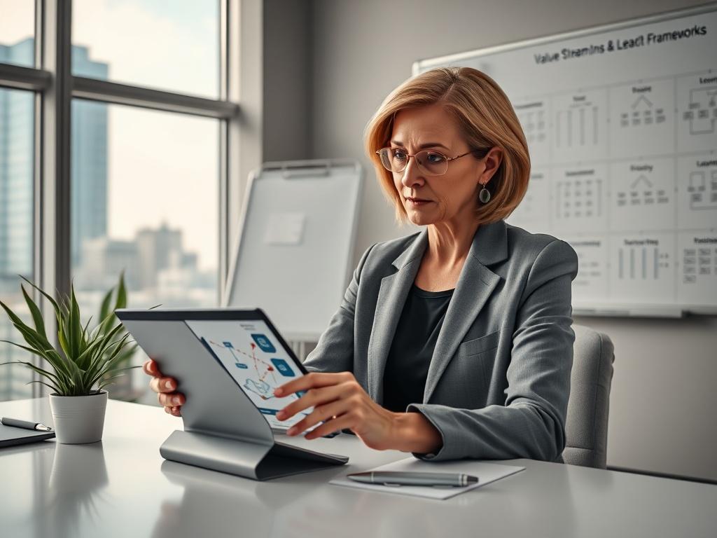 **AI Image Generation Prompt:**

Create a realistic high-resolution portrait of a thoughtful business professional, a middle-aged woman, seated at a sleek, modern desk in a well-lit office environment. She is deeply engaged in analyzing a digital tablet that displays intricate diagrams related to AI strategy and dual operating systems. The desk should be minimalistic, with only a few strategically placed items like a notepad, a sleek pen, and a small potted plant, conveying an atmosphere of focus and clarit