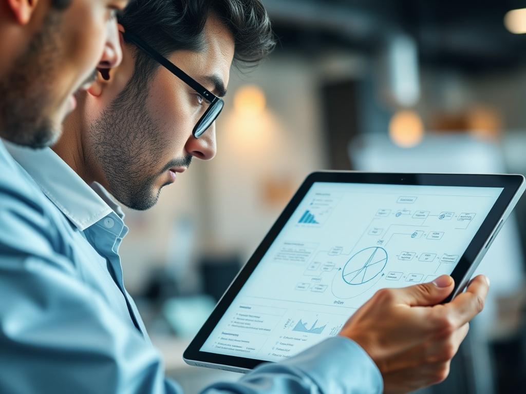 A hyper-realistic close-up shot of a business professional analyzing a flowchart on a digital tablet, with focused expressions and detailed diagrams. The background features a soft-blurred office environment, emphasizing productivity and innovation. Shot with a 45mm f/1.2 lens, highlighting the subject and the tablet's screen with clear details.