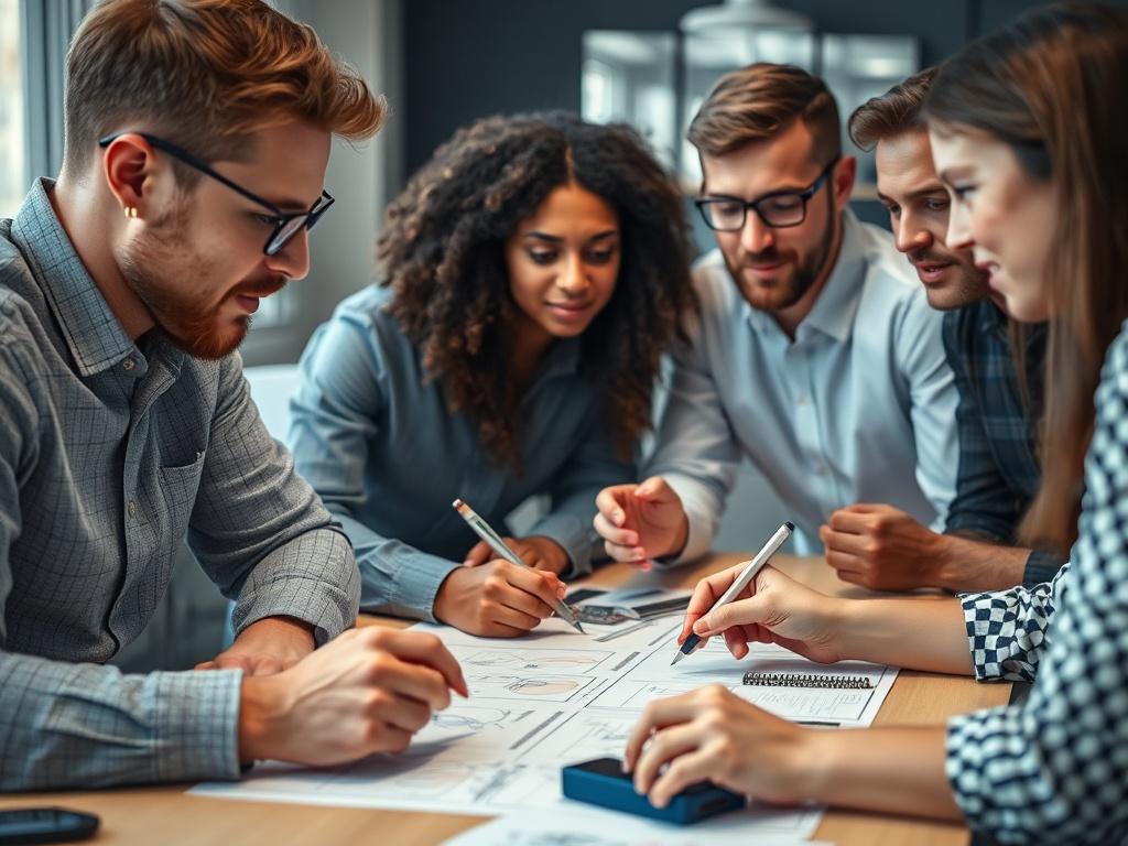 A hyper-realistic close-up shot of a diverse team collaborating around a table with prototypes and sketches. The scene captures focused discussions and creative brainstorming. The background is softly blurred to highlight the team dynamics. Shot with a 45mm f/1.2 lens to emphasize the details of the prototypes and expressions.