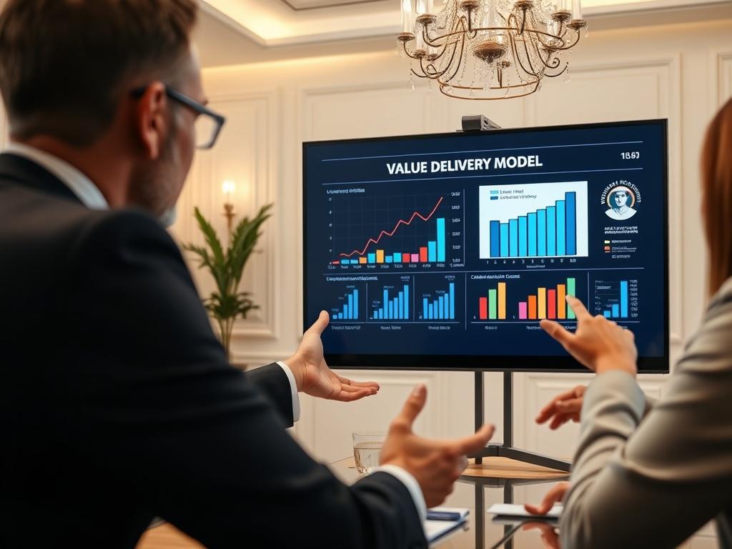 A hyper-realistic close-up shot of a business consultant presenting a value delivery model on a digital screen to a client, showcasing charts and growth indicators. The background is an elegant meeting room, softly blurred to enhance the focus on the presentation. Shot with a 45mm f/1.2 lens to capture clear details and engaging expressions.