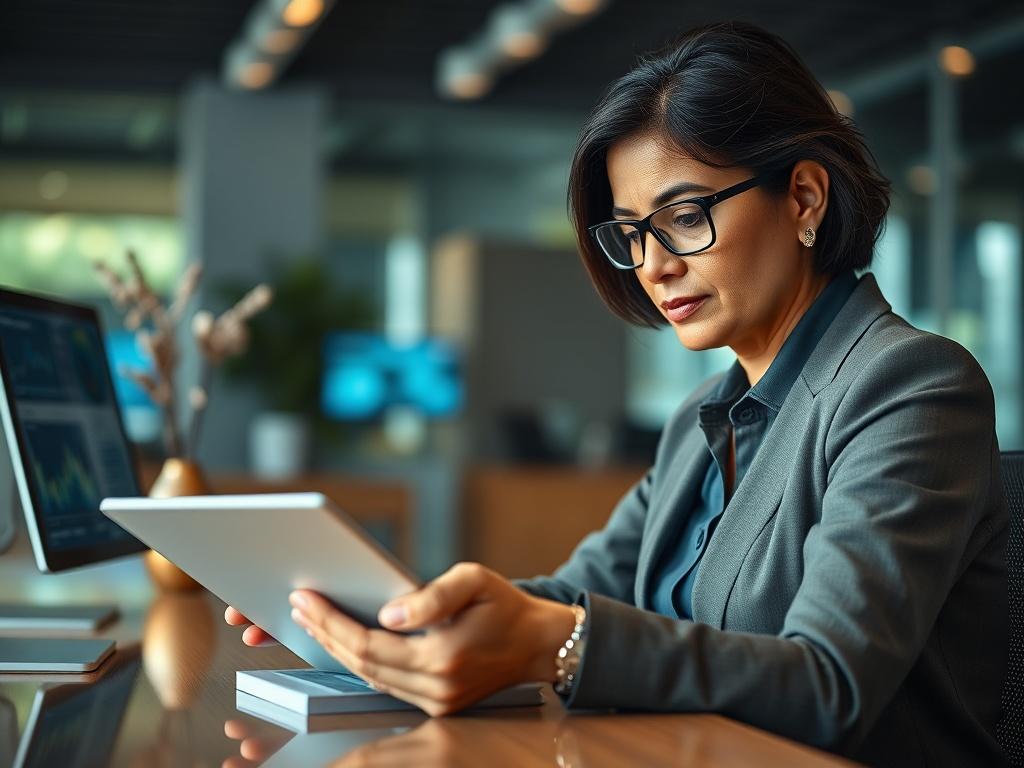 **Prompt for AI Image Generation:**

Create a hyper-realistic close-up photograph focusing on a business professional, a middle-aged South Asian woman, sitting at a sleek, modern desk in a well-lit office environment. She is intently analyzing data on a tablet, which displays graphs and metrics related to AI implementation in business. Her expression should convey determination and insight, showcasing her as a thought leader in technology.

The background should blur softly, emphasizing the subject, while h