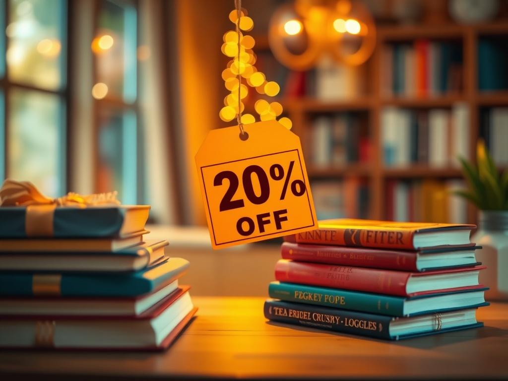 A promotional image showcasing discounted books with vibrant colors and a clear price tag indicating a 20% discount. The setting is bright and inviting, reflecting excitement about the sale.
