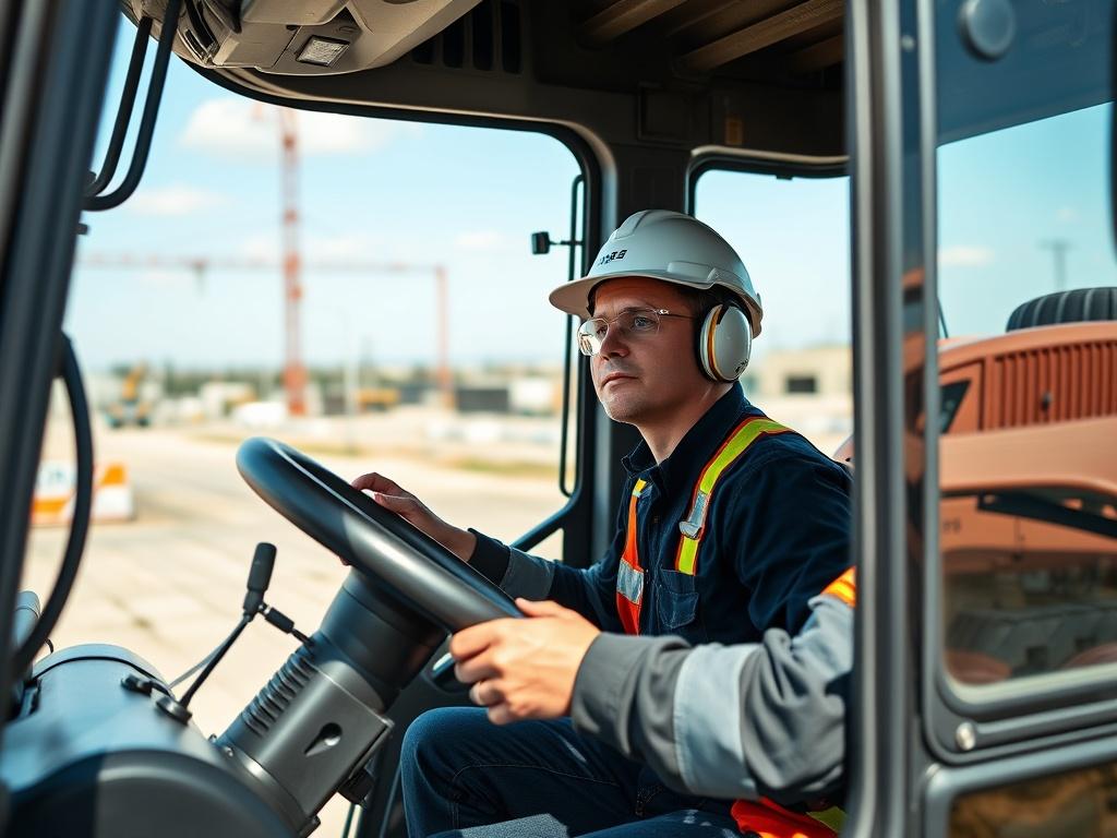 Create a realistic high-resolution photo of a skilled operator inside a 10 tire truck, focused on the steering wheel and dashboard controls. The background should feature a construction site with clear skies, emphasizing safety and professionalism. The composition should be simple and clear, highlighting the operator's concentration and expertise. The image should be rendered in hyper-realistic detail, with a close-up shot styled as if taken with a 45mm f/1.2 lens, and the overall color tone should align wi