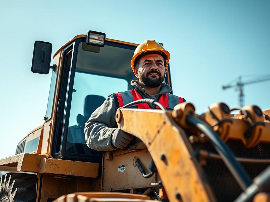 A hyper-realistic close-up shot of a skilled operator confidently handling a bulldozer on a construction site. The bulldozer is prominently featured in the foreground, showcasing its robust design and powerful features. The background includes a clear blue sky and a slightly blurred construction site, highlighting the work environment. The image is captured with a 45mm f/1.2 lens to emphasize the operator's focused expression and the intricate details of the machine.