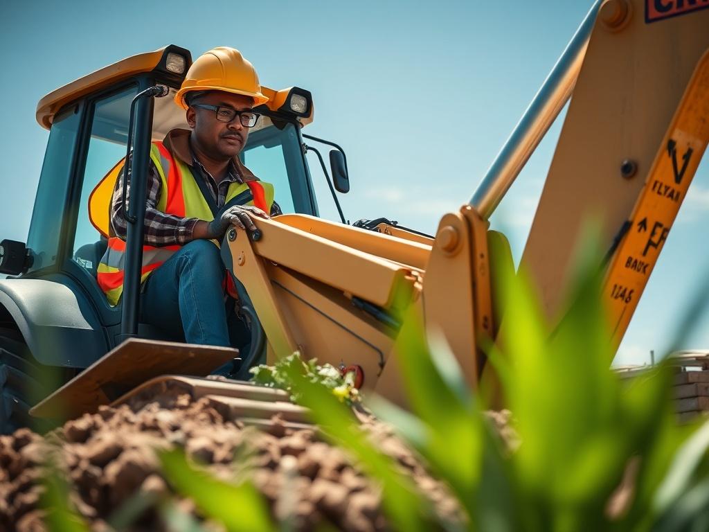 A realistic high-resolution image of a skilled operator confidently maneuvering a Tractor Loader Back Hoe (TLB) on a construction site. The operator, wearing a safety helmet and reflective vest, is focused on the task while the TLB is shown in an action pose, digging into the ground. The background features a clear blue sky and some construction materials, emphasizing an active work environment. The image should be shot in a close-up style, capturing the details of the operator's concentration and the machi