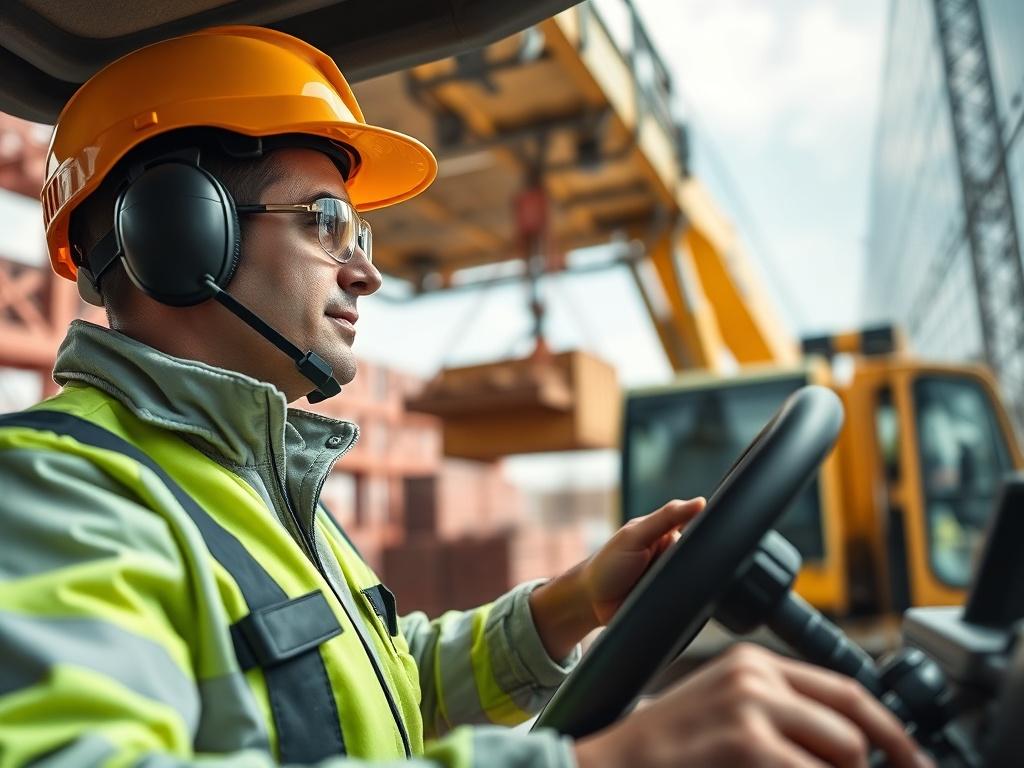 A close-up shot of a skilled operator confidently controlling a mobile crane on a construction site. The crane is lifting heavy materials in the background, showcasing its functionality and purpose. The operator, wearing safety gear, is focused and professional. The setting is bright and well-lit, emphasizing the importance of safety in machinery operation. The primary color scheme features a vibrant green (rgb(50, 170, 39)) to reflect the brand's identity.