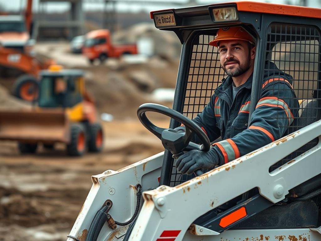 A close-up shot of a skilled operator confidently navigating a Bobcat machine on a construction site, showcasing the intricate details of the machinery. The background features a blurred construction site with earth-moving activities, emphasizing the practical application of the training. The image should be realistic, high-resolution, and shot with a 45mm f/1.2 lens style, with a primary color scheme of rgb(50, 170, 39) to enhance visual appeal.