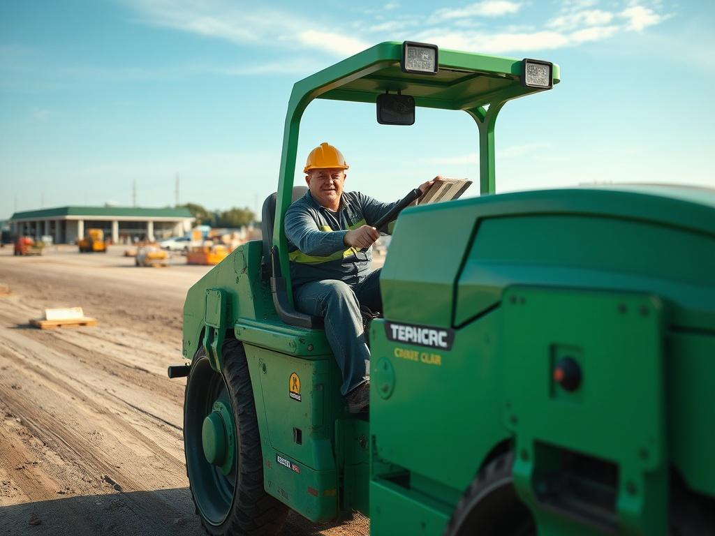 A hyper-realistic close-up shot of a skilled operator confidently maneuvering a road roller on a construction site. The operator is focused, showcasing their expertise and precision in handling the machine. The background features a well-maintained construction site with clear skies and scattered construction materials, highlighting a productive work environment. The image should be captured with a 45mm f/1.2 lens style for sharp details and a vibrant color palette, emphasizing the green tones in the machin