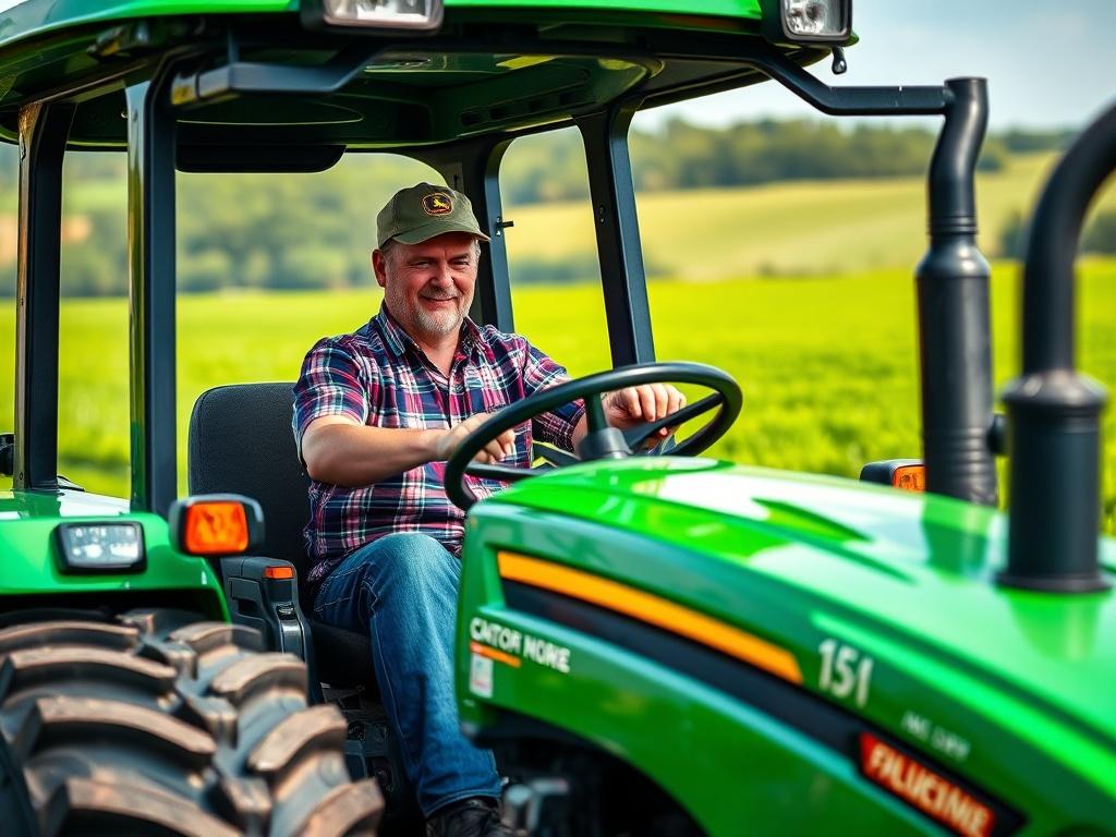 A close-up shot of a skilled operator confidently driving a modern farm tractor in an open field. The tractor is vibrant green, showcasing its robust features. In the background, the field is lush and green, emphasizing an agricultural setting. The focus is on the operator's concentrated expression, highlighting their expertise and commitment. The image should be hyper-realistic, captured with a 45mm f/1.2 lens style, ensuring the tractor and operator are sharp while the background is slightly blurred, crea