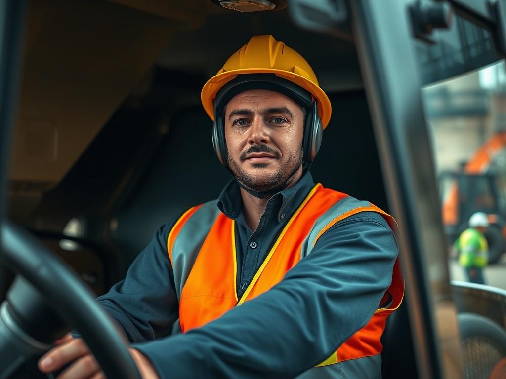 A hyper-realistic close-up shot of a professional dump truck operator in a safety vest and helmet, confidently operating a large dump truck on a construction site. The background features a busy construction environment with machinery and workers, showcasing the dynamic nature of the job. The image should capture the operator's focused expression and the powerful presence of the dump truck, emphasizing safety and professionalism. The colors should be vibrant and the image rendered in high resolution, compat